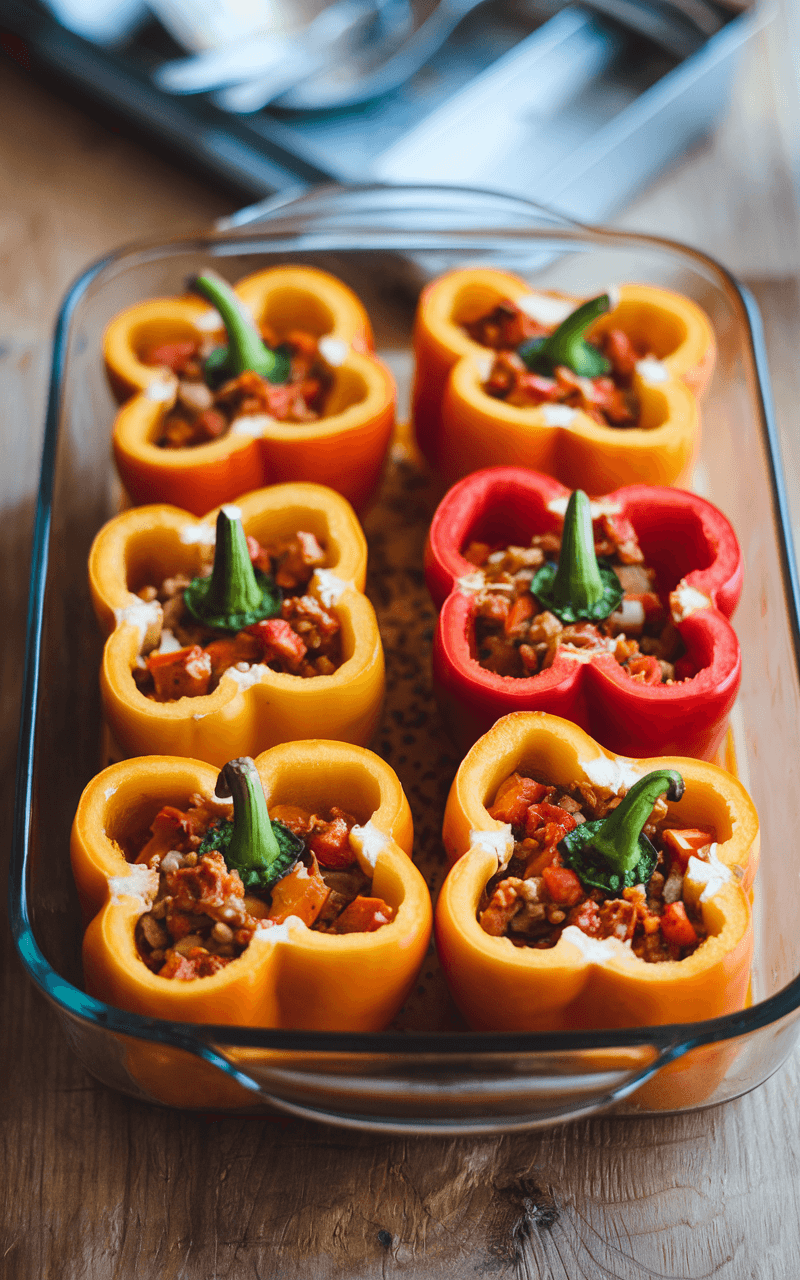 Stuffed Bell Peppers: A Hearty, Customizable Dinner Classic 3 Six halved bell peppers arranged in a 9x13-inch glass baking dish, prepared for stuffing.