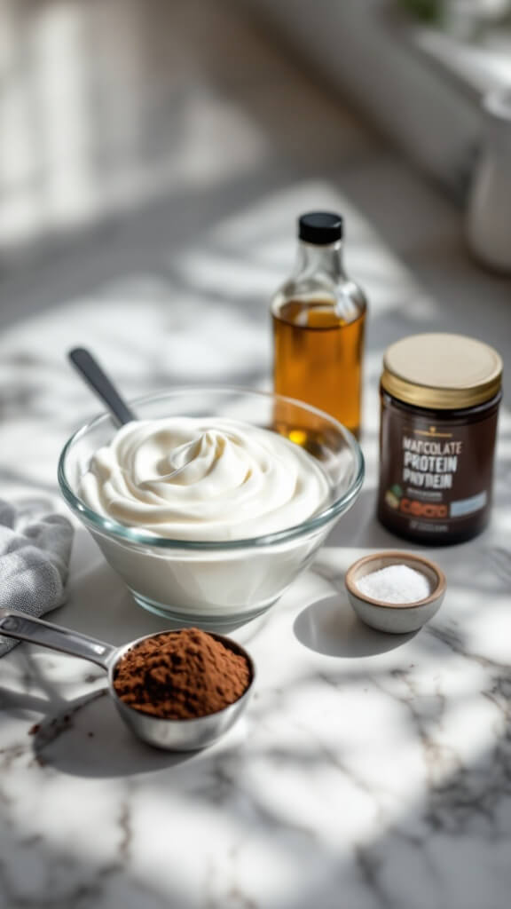 Ingredients for a chocolate protein shake laid out on a marble countertop, including greek yogurt, cocoa powder, vanilla extract, maple syrup, chocolate protein powder, and a hint of salt, illuminated by natural side lighting.