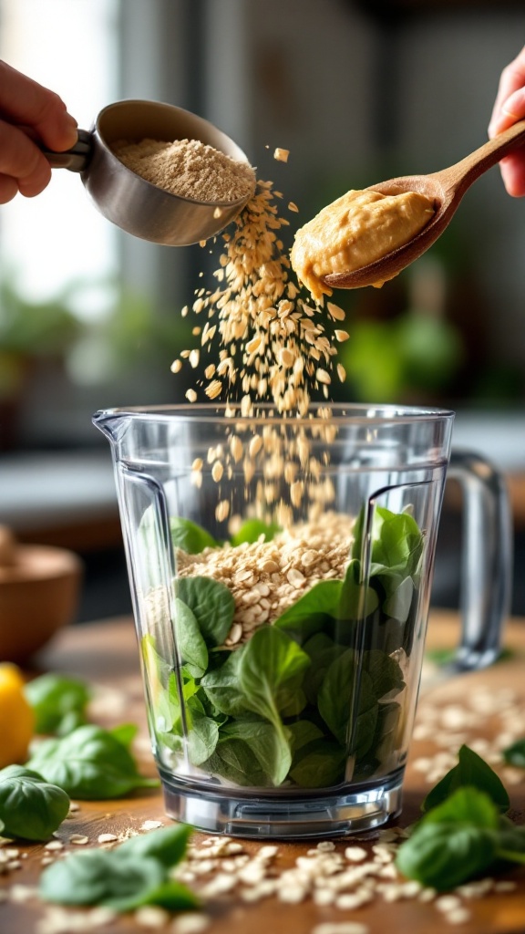 Protein Coffee Smoothie 6 Scoop of protein powder, spoon of cashew butter, sprinkled oats, and fresh spinach leaves falling into blender with natural kitchen light enhancing texture of ingredients