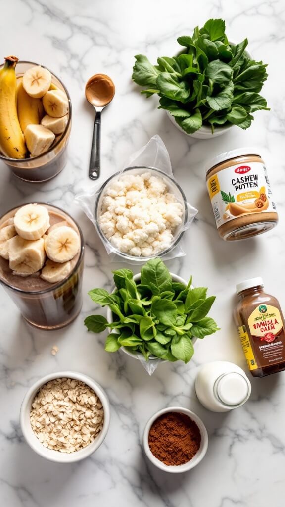 Protein Coffee Smoothie 3 Ingredients for a healthy smoothie arranged on a marble countertop with natural light from the left, including cold brew coffee, frozen banana chunks, vanilla protein powder, cashew butter, riced cauliflower, spinach, rolled oats, milk, cinnamon, cocoa powder, and vanilla extract.