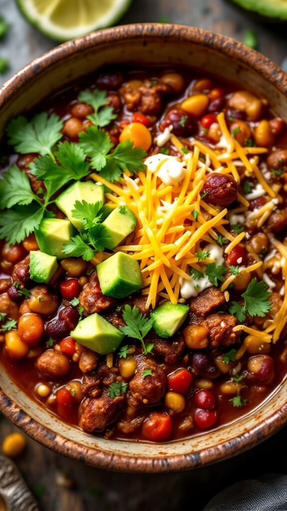 Bison Chili Recipe 8 Overhead view of rustic bowl filled with chunky bison chili, topped with diced avocado, melting shredded cheese, and fresh cilantro
