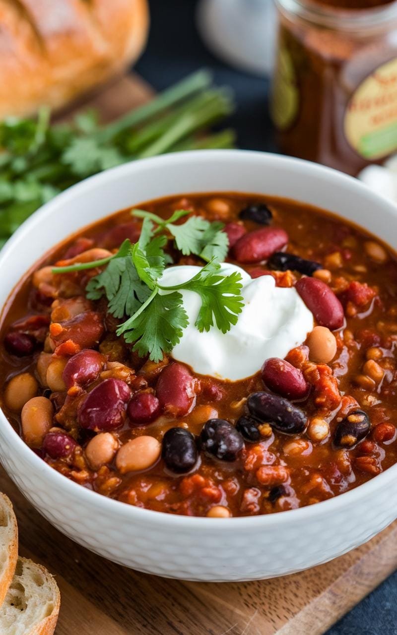 Hearty bowl of chili with beans, topped with cilantro and a dollop of sour cream.