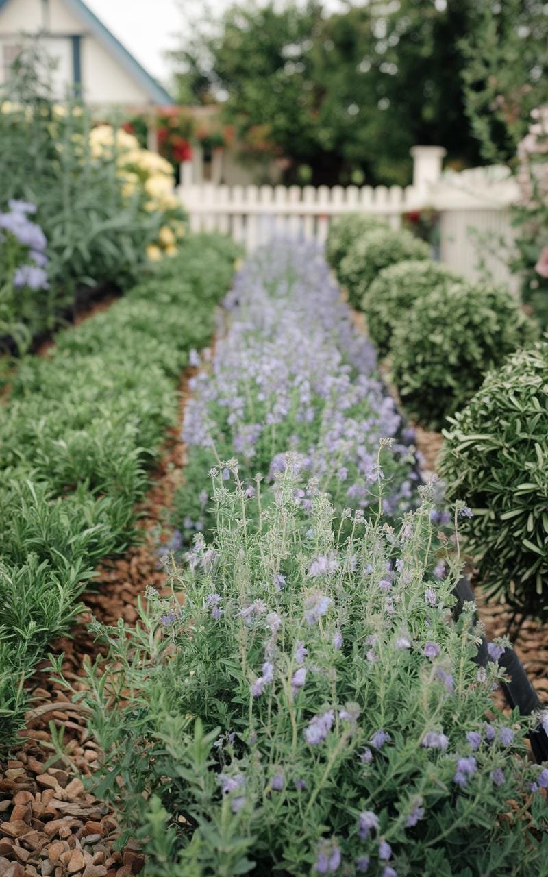 Fresh thyme and rosemary herbs on a table, ready for cooking ingredients in a herb garden setting.