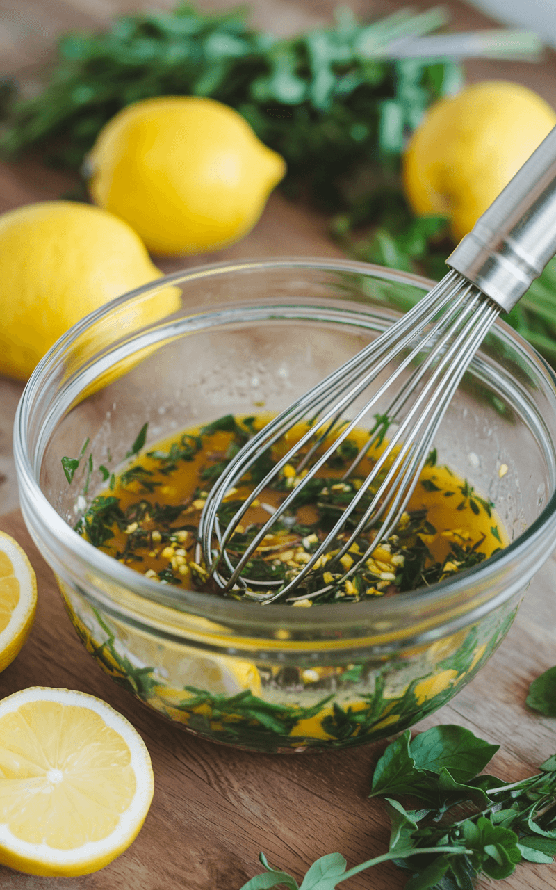 Close-up of a whisk stirring a vibrant green herb and lemon marinade in a glass bowl, with whole lemons and fresh herb sprigs in the background