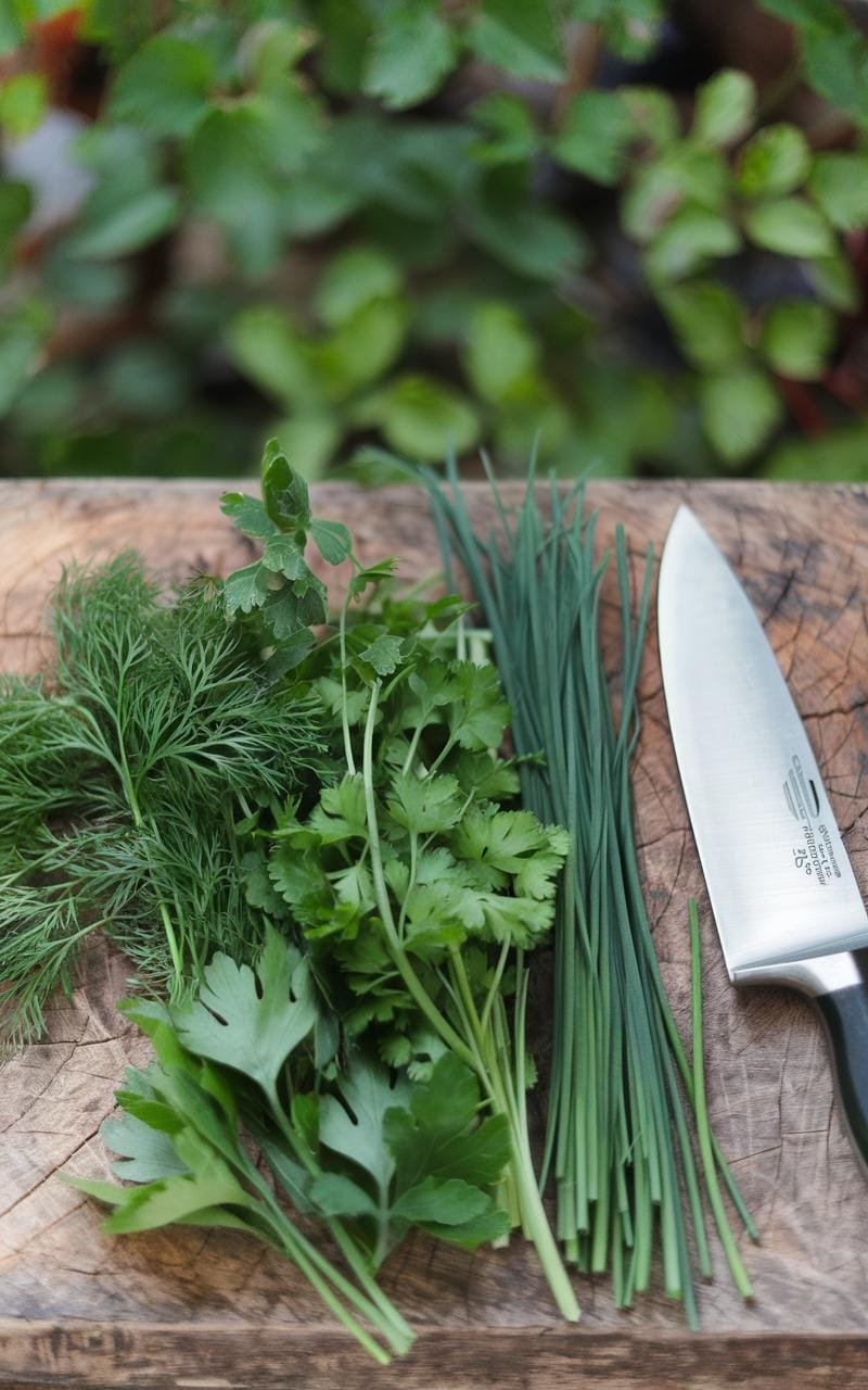 Fresh herbs on a cutting board with a chef's knife nearby.