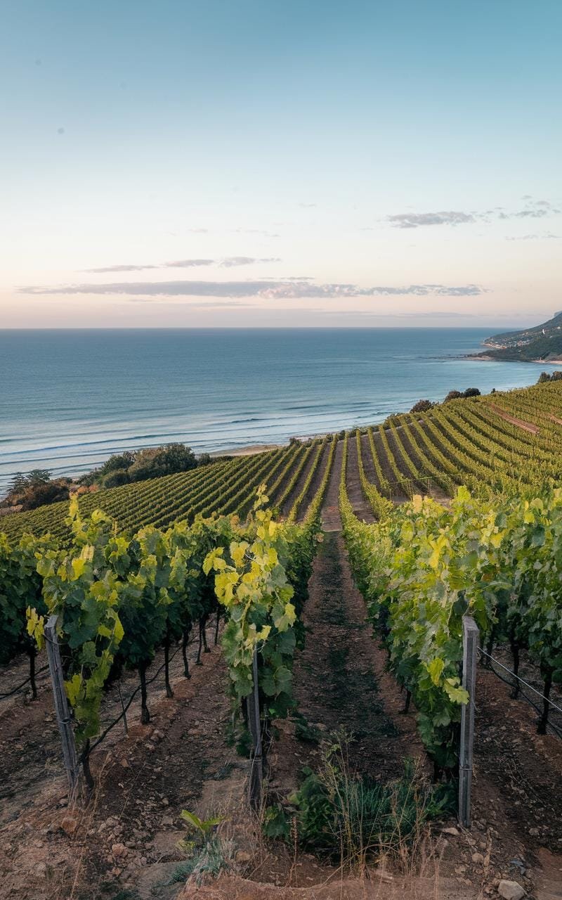 Mediterranean Quinoa Bowl: A Vibrant, Protein-Packed Meal 3 Picturesque hillside vineyard with rows of grapevines stretching towards the horizon, overlooking the sparkling mediterranean coast under a sunny sky.