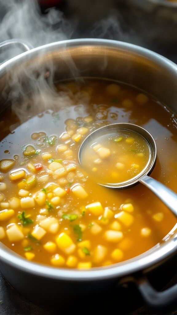 Simmering golden vegetable broth in a large pot with steam rising and a stainless steel ladle on the edge, photographed from above
