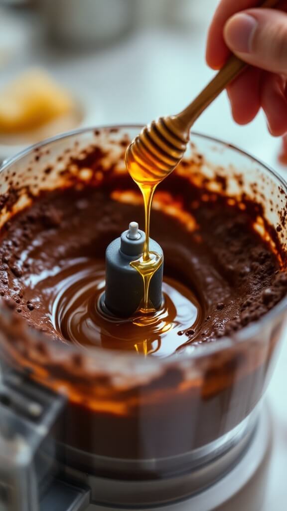 Hand pouring honey into a chocolate mixture in a processor, with sunlight highlighting its amber color