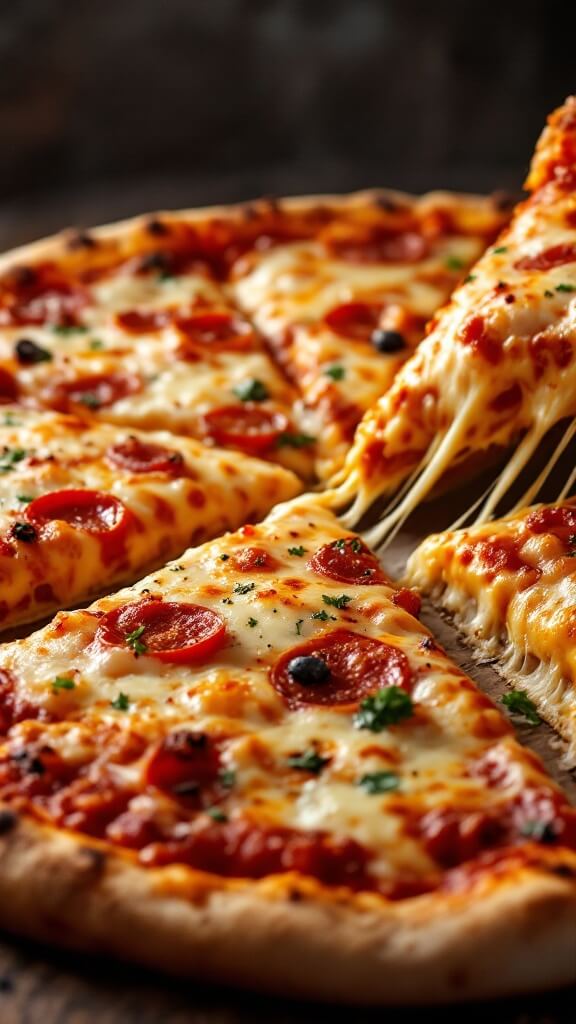 Fathead Pizza: The Ultimate Keto-Friendly Pizza Recipe 8 Freshly baked pizza being pulled apart, showcasing stretchy melted cheese and crispy golden-brown crust