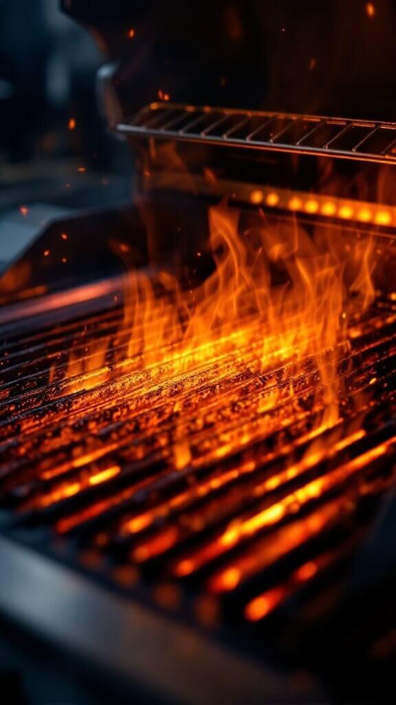 Perfect Grilled Shrimp Skewers 5 Professional stainless steel grill with hot grates displaying heat waves, thermometer showing 400°f, and clean, well-maintained grates with perfect grill marks