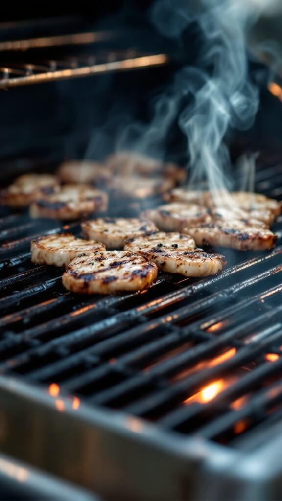 Stainless steel grill heating to 400°f with visible smoke and heat waves