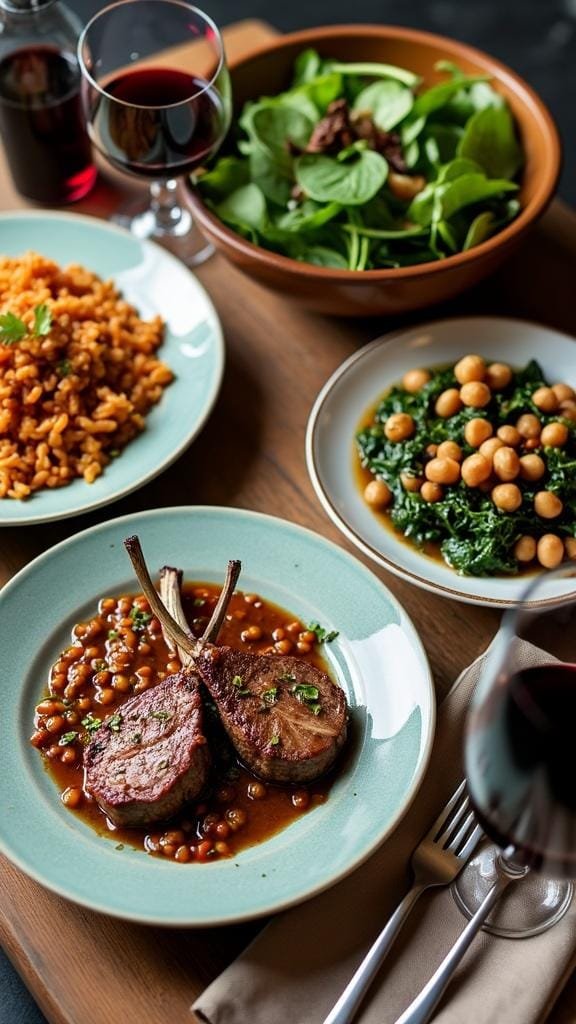 An inviting table setting featuring lentil bolognese pasta, grilled lamb chops, spinach chickpea curry, a fresh green salad, and glasses of red wine.