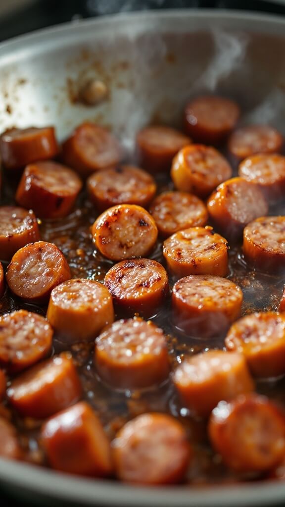 Italian sausage browning in a sauté pan with varying degrees of caramelization and visible rendering of fat
