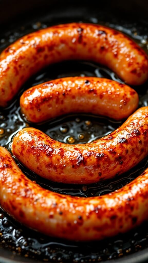 Italian sausages cooking in a cast iron skillet with olive oil, developing a golden-brown crust