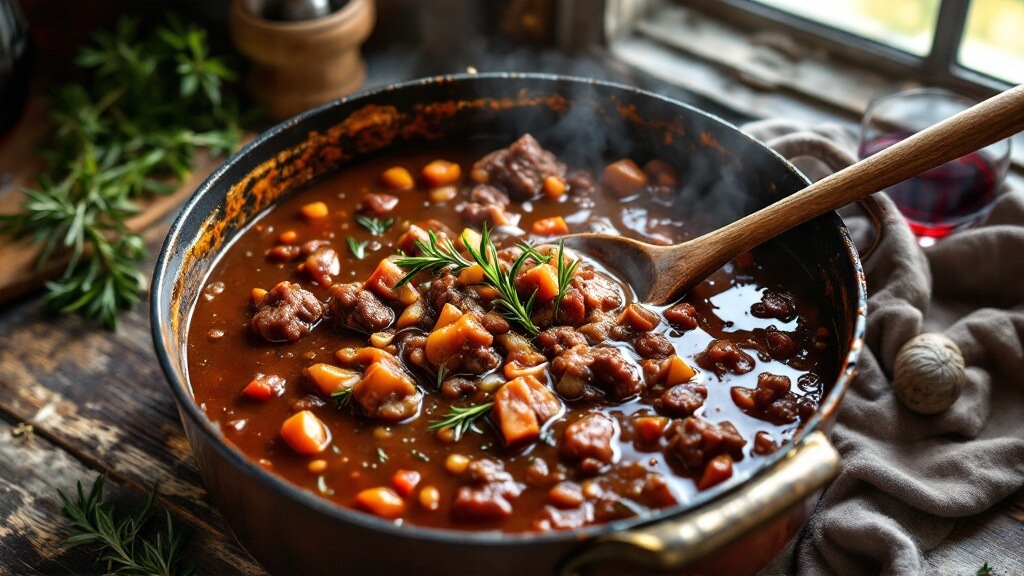 "rustic italian kitchen featuring a dark copper dutch oven with glossy wild boar ragù sauce, visible chunks of meat, diced vegetables, rosemary sprigs and bay leaves, a wooden spoon, fresh herbs, and a red wine glass on a weathered wooden surface, lit by a side window. "