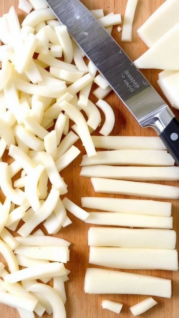 Crispy Jicama Fries (Low-Carb, Keto-Friendly) 4 Overhead view of fresh jicama being sliced into quarter-inch thick strips on a wooden board, with some strips neatly arranged in rows