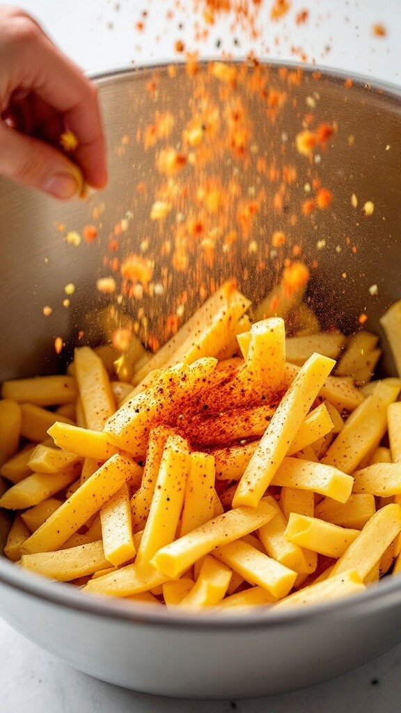 Crispy Jicama Fries (Low-Carb, Keto-Friendly) 7 Jicama fries tossed in a steel mixing bowl with olive oil and spices, creating a dusting effect with visible specks of paprika and black pepper