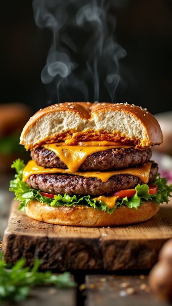 Steam rising from a cross-section of an ostrich burger with lettuce, tomato, melted cheese on a rustic wooden board