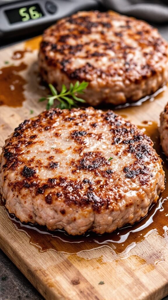 Freshly cooked ostrich burgers with brown crust on wooden board, with juices visible and meat thermometer showing final temperature.