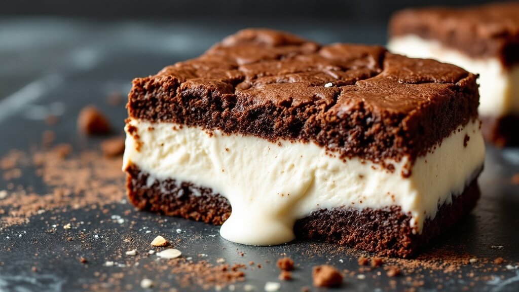 "keto brownie ice cream sandwich bar cut diagonally on a dark slate, showcasing layers of fudgy brownies and creamy vanilla ice cream, with side lighting emphasizing texture and slightly melting center. Background dusted with cocoa powder and almond flour. "