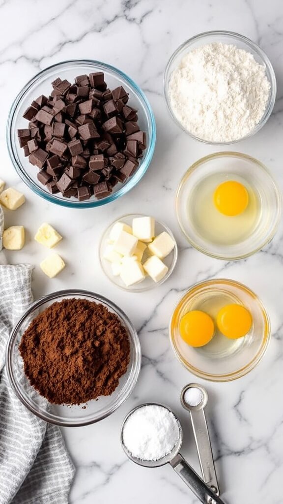 The Ultimate Fudgy Keto Brownies Recipe 3 Overhead view of baking ingredients in glass bowls on a marble countertop, including dark chocolate chunks, butter cubes, almond flour, cocoa powder, eggs, and powdered erythritol with measuring tools.