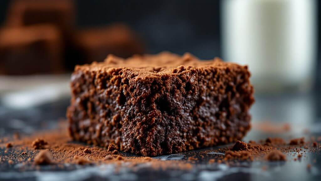 The Ultimate Fudgy Keto Brownies Recipe 2 "rich, fudgy keto brownie with a crackly top and moist interior on a dark marble surface, dusted with cocoa powder and illuminated by warm side lighting, additional brownies in soft focus in the background. "