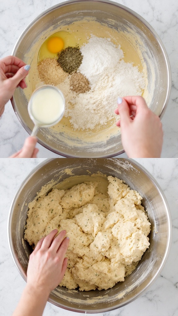 Fathead Pizza: The Ultimate Keto-Friendly Pizza Recipe 4 Hands mixing almond flour, eggs, and seasonings into melted cheese in a large stainless steel bowl to make a uniform dough