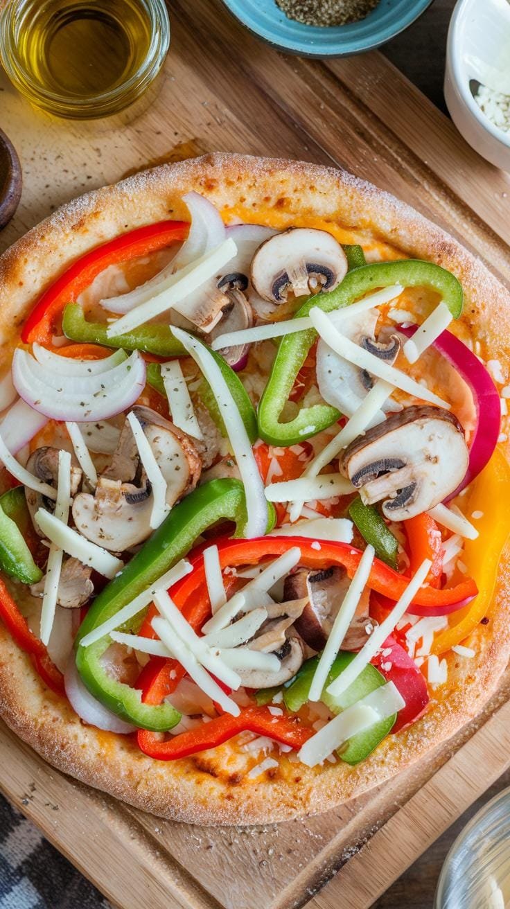Overhead view of a keto pizza topped with vibrant vegetables, meats, and cheese, ready for its final bake.