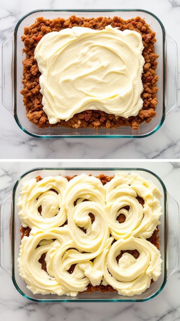 Layered meat filling topped with creamy cauliflower mash in a 9x13 glass baking dish, ready for baking