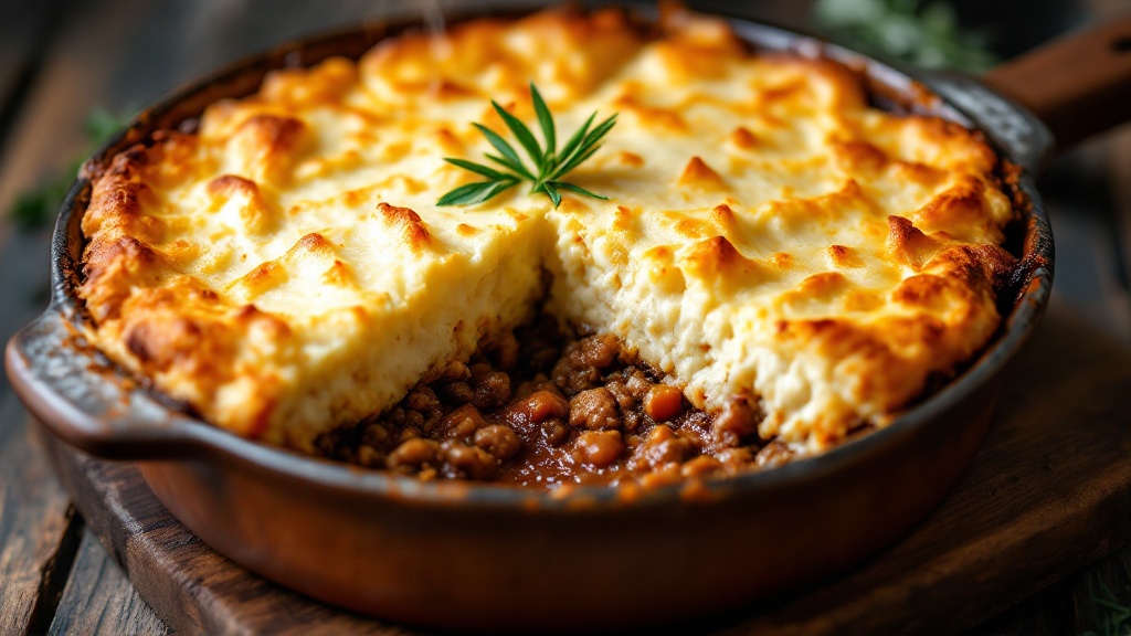 "golden-brown keto shepherd's pie in rustic ceramic dish with crispy cauliflower mash and hearty lamb filling, garnished with rosemary"