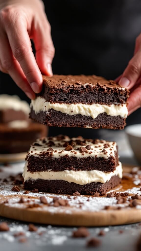 Second brownie layer being carefully placed on top of ice cream layer for dessert assembly