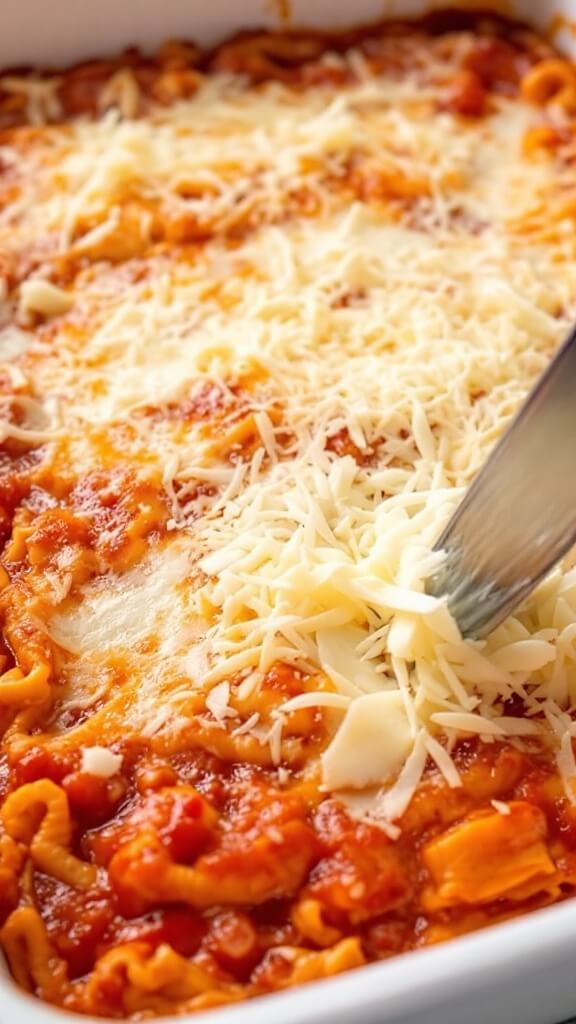 Close-up image of the final layer of a lasagna with browned mozzarella and parmesan cheese, and visible sauce bubbles around the dish edges
