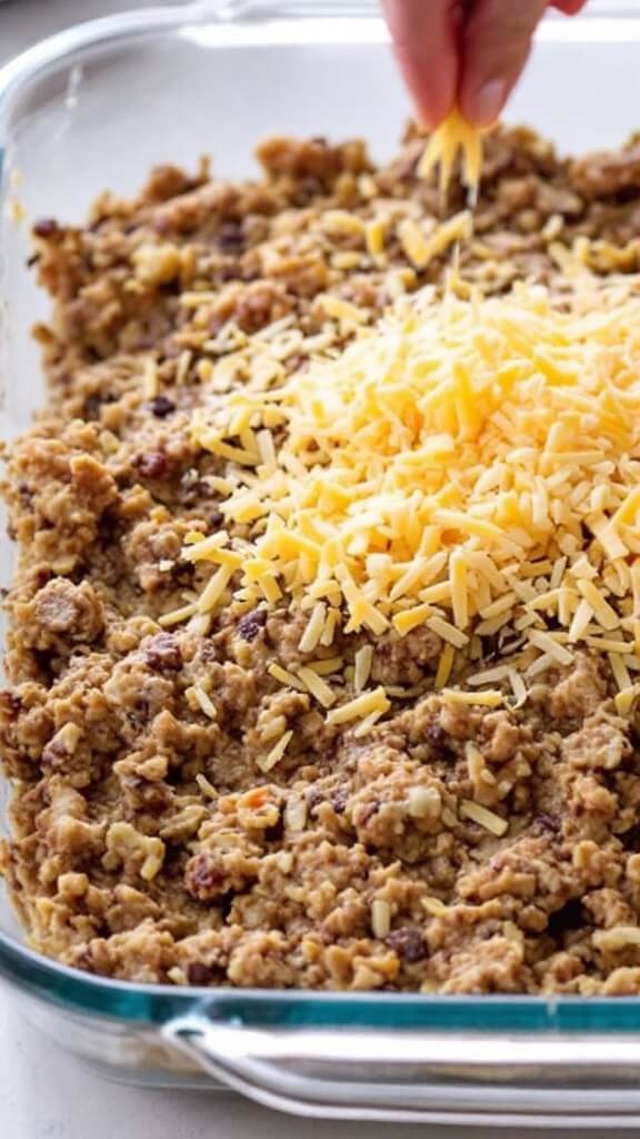 Keto Buffalo Chicken Dip (Easy, Low-Carb Party Favorite) 7 Close-up image of layered mixture in greased glass baking dish with cheese sprinkled on top