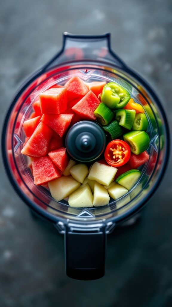 Watermelon Gazpacho - A Refreshing No-Cook Summer Soup 4 Overhead view of a blender filled with layered chunks of watermelon, tomatoes, cucumber and bell pepper before blending