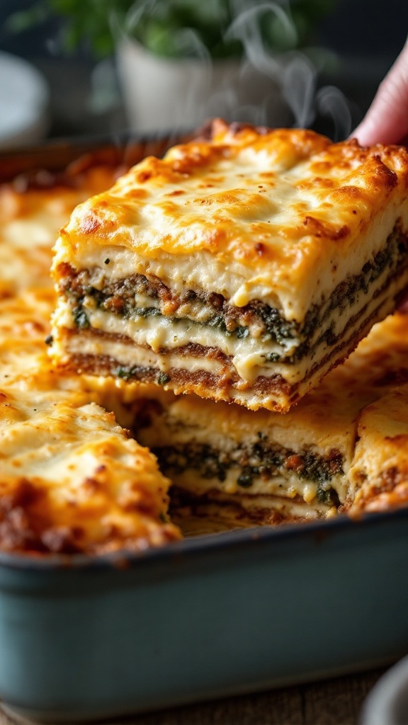 Slice of baked moussaka being lifted, revealing distinct layers with golden-brown top, bubbling edges and rising steam