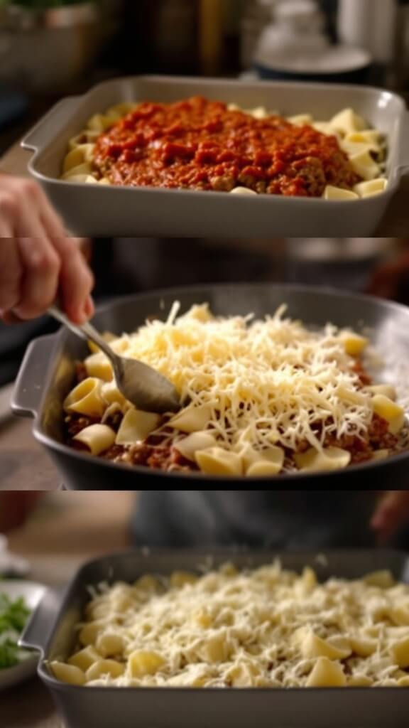 Layering meat sauce over palmini noodles in a baking dish with cheese mixture on the side, in a warmly lit kitchen.