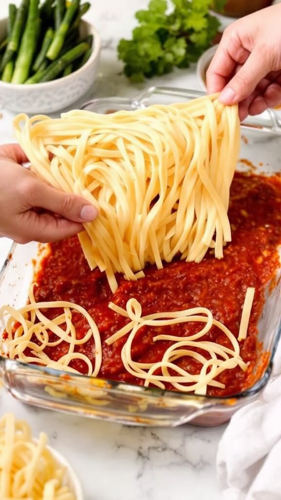 Hands layering palmini noodles over marinara sauce in a glass baking dish with other ingredients prepared nearby