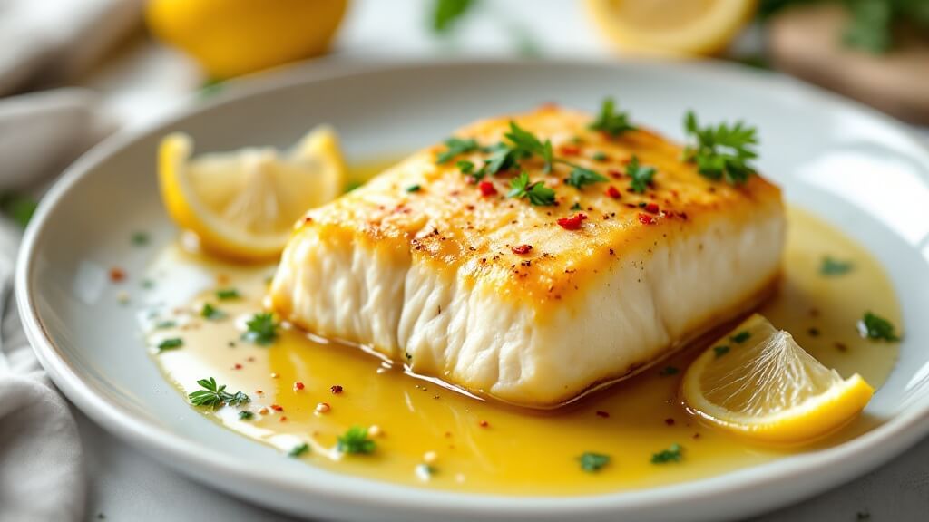 "golden-brown cod fillet on white plate with lemon-garlic butter sauce and parsley, photographed in natural lighting"