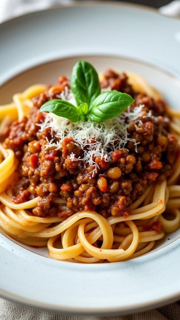 Lentil bolognese pasta garnished with fresh basil and parmesan on a white dish