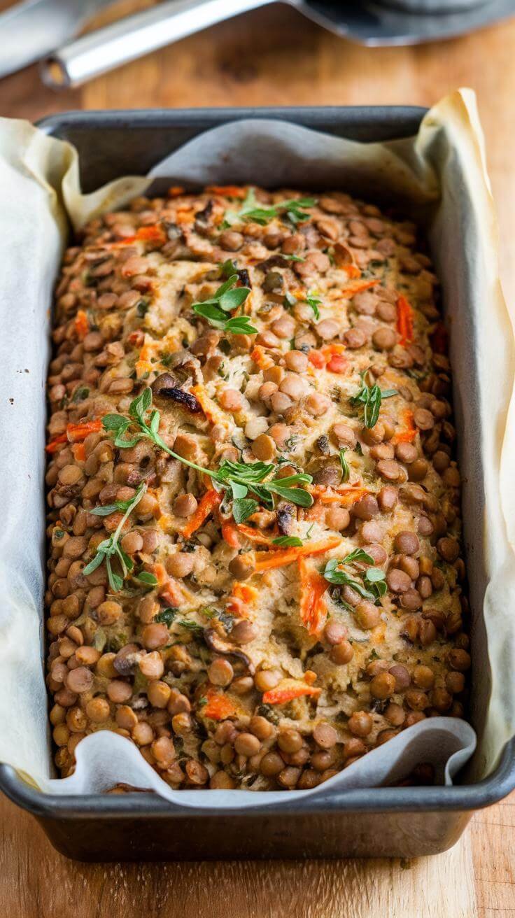 Lentil And Mushroom Loaf: A Hearty Vegan Delight 6 Golden brown lentil and mushroom loaf with visible carrots and herbs, freshly baked in a parchment-lined loaf pan.