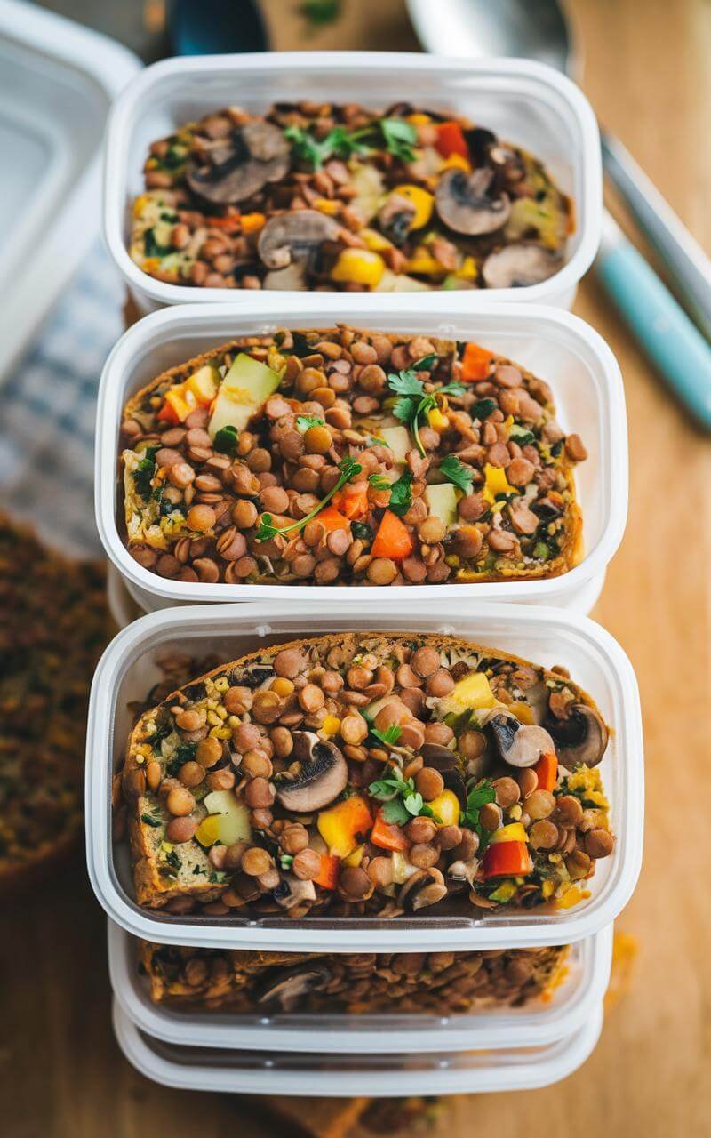 Lentil And Mushroom Loaf: A Hearty Vegan Delight 7 Lentil and mushroom loaf meal prep in containers with side vegetables.