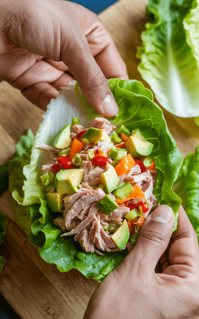 Hands wrapping a lettuce leaf around a filling of turkey and avocado.