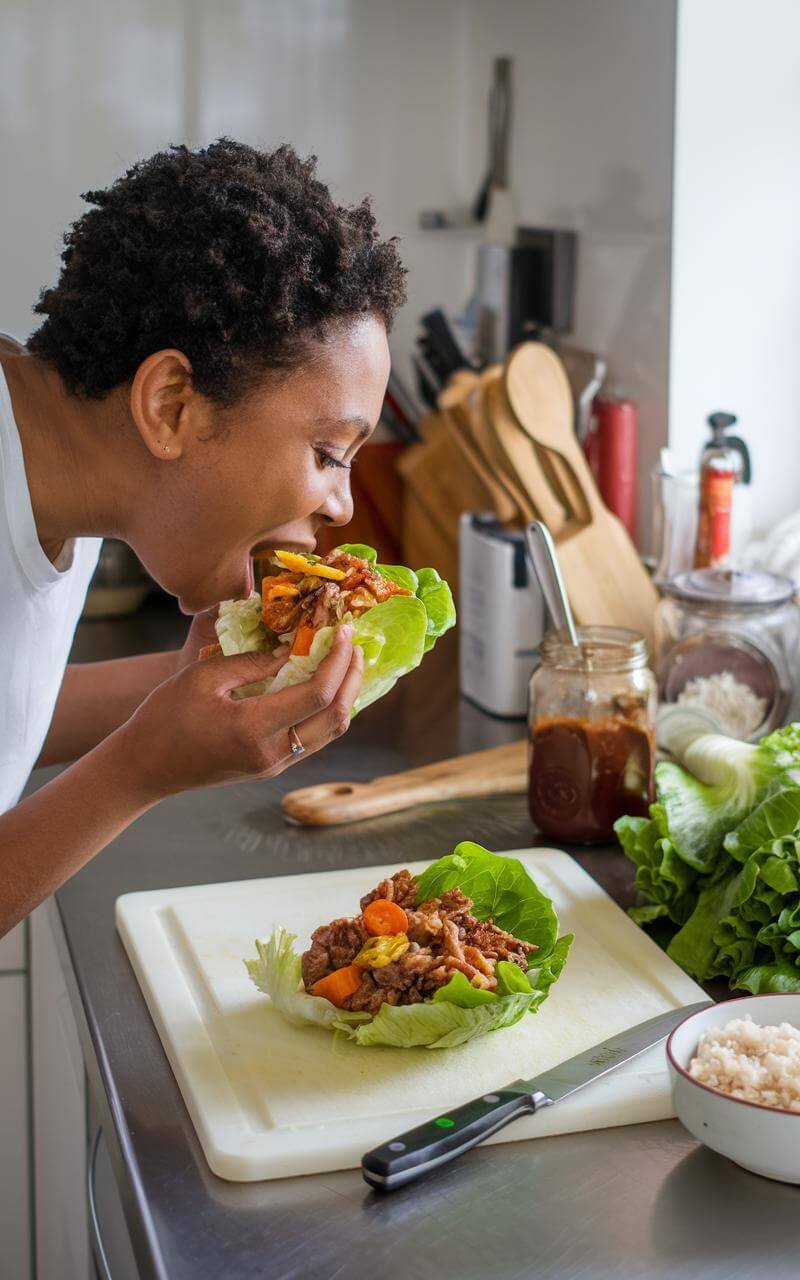 A person enjoying a bite of a fresh lettuce wrap at a kitchen counter, smiling with satisfaction.