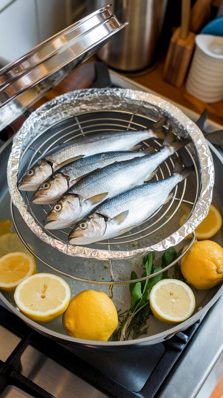 Steamed Fish With Ginger: A Delicious Chinese Classic 3 Overhead view of a diy steamer, featuring a large pan with a foil trivet and a plate of fish placed on top.