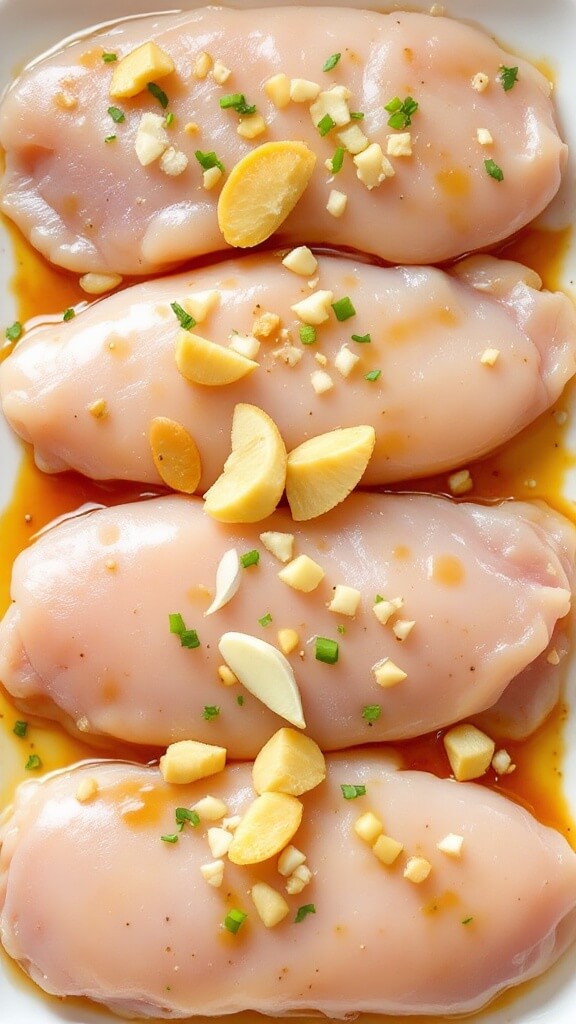 Marinated raw chicken breasts on a white plate with ginger and garlic, ready for steaming