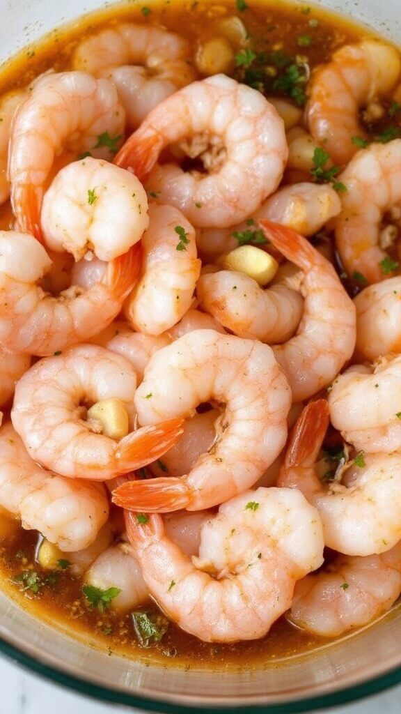 Perfect Grilled Shrimp Skewers 4 Large raw shrimp being tossed in a herby garlic marinade in a wide glass bowl