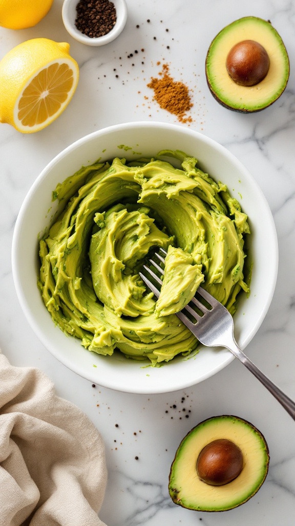 Mashing ripe avocado in a white ceramic bowl with a fork, fresh lemon halves, ground cumin, and black pepper on a marble counter