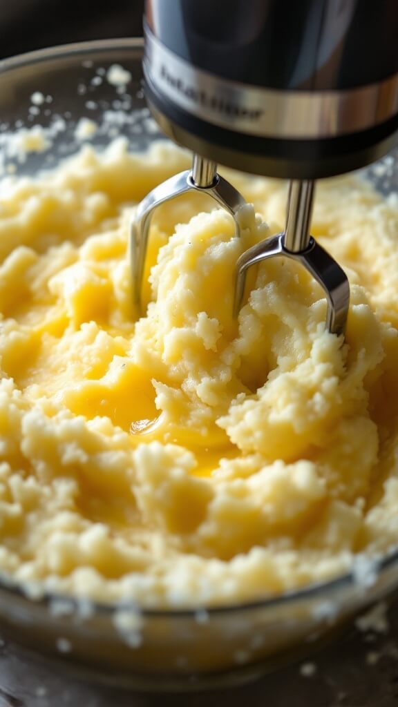 Creamy Cottage Cheese Mashed Potatoes 8 Electric mixer mashing potatoes with visible melting butter for creamy texture