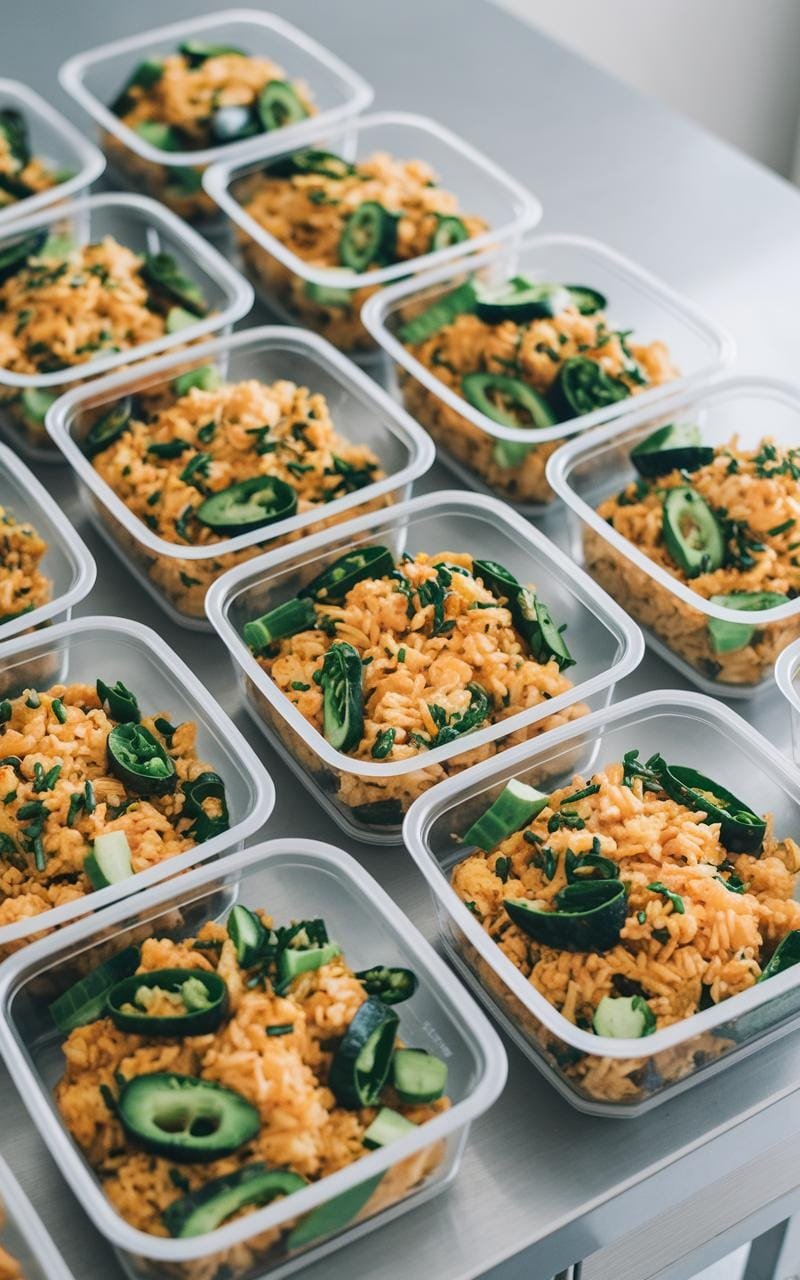Cauliflower rice stir fry meal prep with vegetables in meal containers.