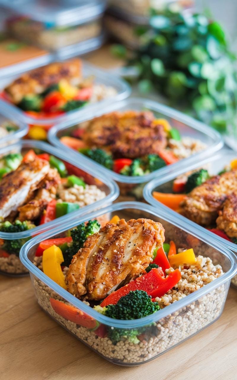 Meal prep containers with grilled chicken, roasted vegetables, and grains.
